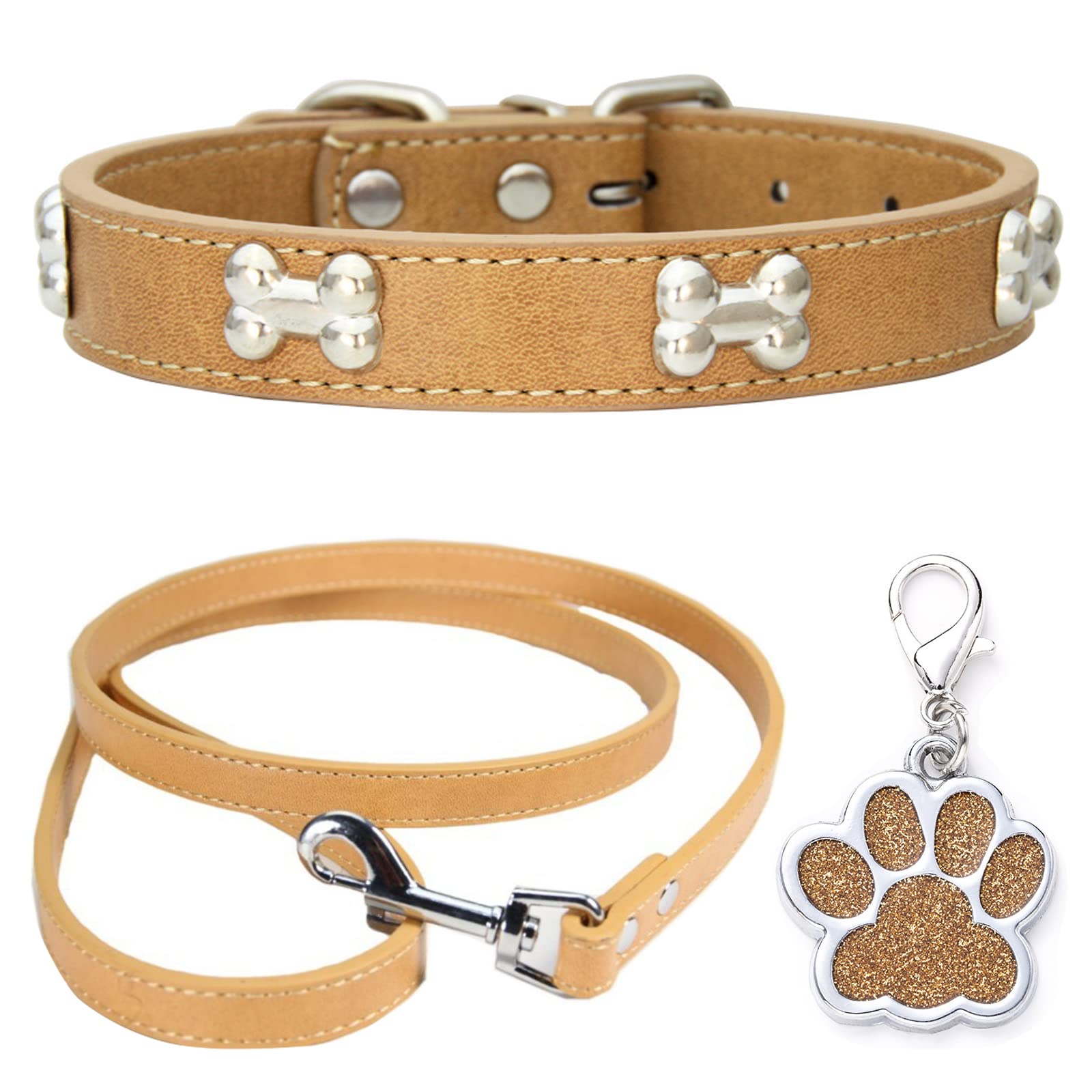HALFSUMO Leather Dog Collar Dog Collar Combo Set Dog Collars Adjustable Puppy Collar for Small Medium Dogs Cats Khaki XS