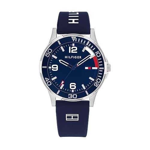 Tommy Hilfiger Boys Watch with Blue Dial, Blue Silicone Strap, 34mm Stainless Steel Case, Aluminium Bezel, 3 Hand Quartz Movement, 5 ATM Water Resistance - 1720016