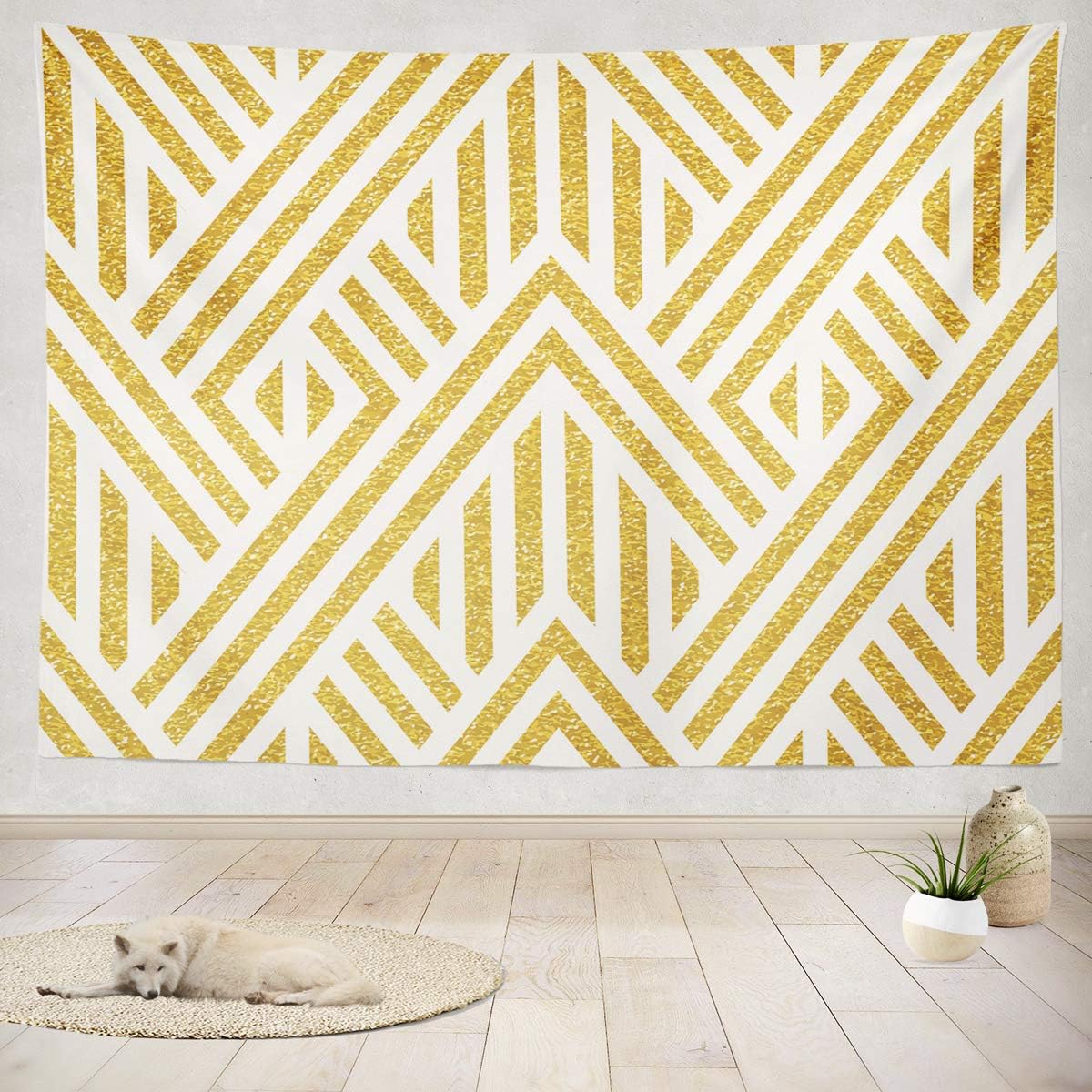 Soopat Tapestry Polyester Fabric Geometric Stripes Yellow and White Gold Stripe Christmas Ornament Wall Hanging Tapestry Decorations for Bedroom Living Room Dorm 60X50 inch