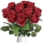 IPOPU 12PCS 22" Red Real Touch Roses Artificial Flowers Realistic Rose Long Stem Roses Artificial Flowers for Home Party Wedding Table Centerpieces Décor(Red)