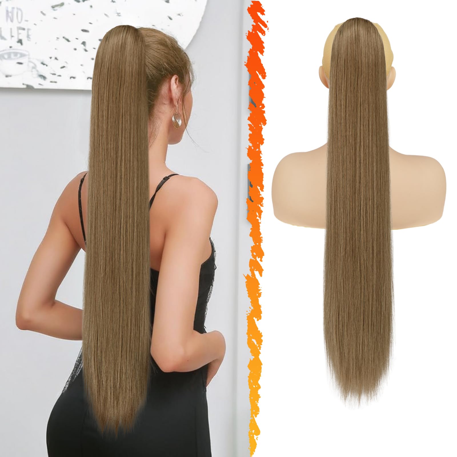 BARSDAR Long Straight Ponytail Extension, 30 Inch Drawstring Brown Ponytail Hair Extensions Synthetic Clip in Pony Tails Hairpieces Fake Straight Ponytail for Women Girls Daily- Light Brown Mixed