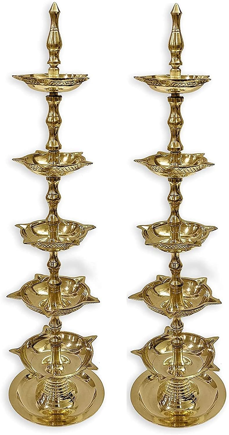 Oil Lamps & Accessories - SATVIK 2 Pc Standing Brass Kerala Samai Diwali Deepak for Puja Traditional Panchmahal Pooja Deepam Diya Oil Lamp Kutthu Vilakku Dia 5 In 1 Step Adjustable 13 inch Deepawali Indian Gift Item Pair