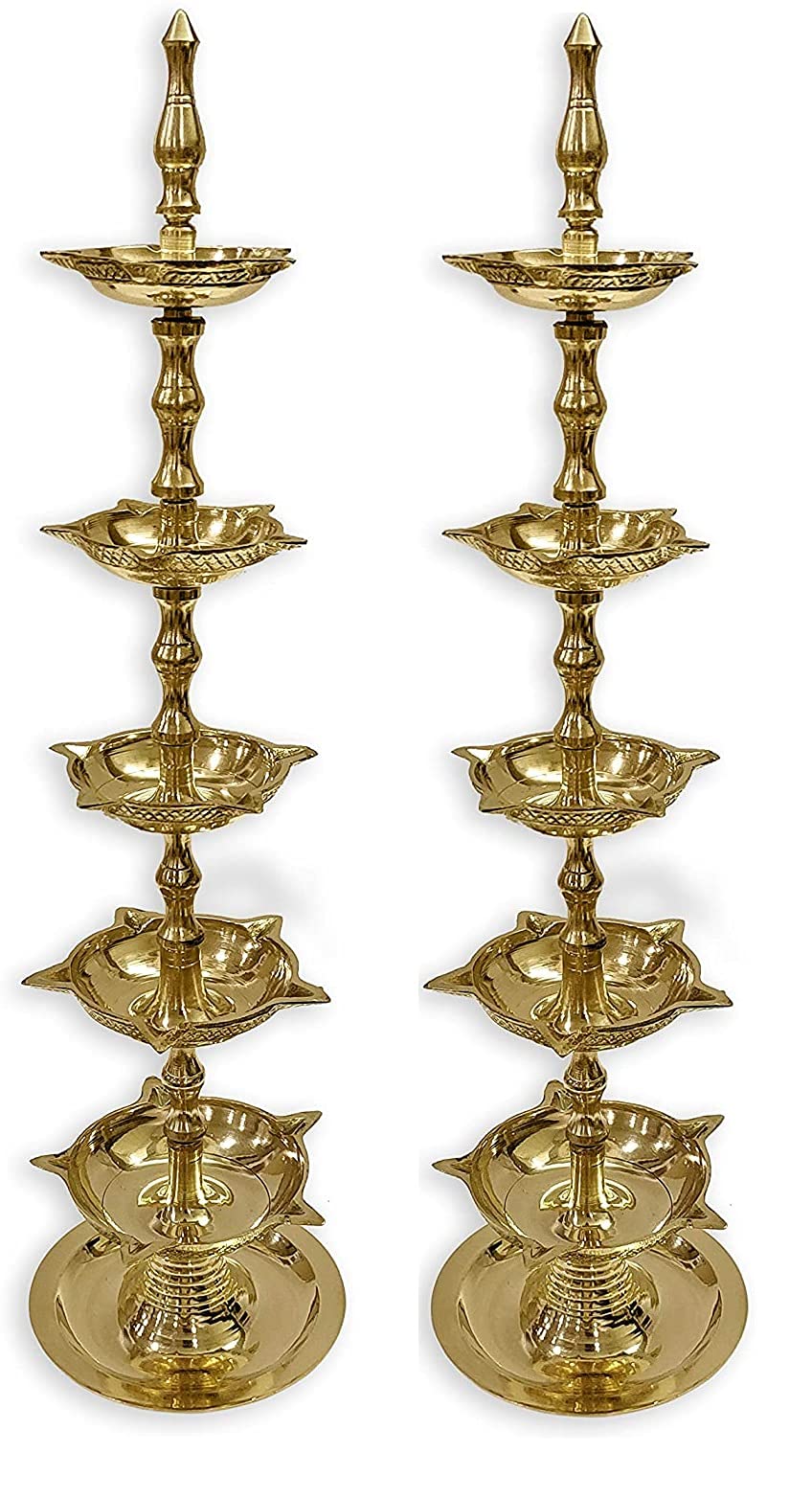 Photo 1 of SATVIK 2 Pc Standing Brass Kerala Samai Diwali Deepak for Puja Traditional Panchmahal Pooja Deepam Diya Oil Lamp Kutthu Vilakku Dia 5 in 1 Step Adjustable 13.5 inch Deepawali Indian Gift Item