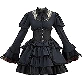 MEOWCOS Women's Victorian Gothic Dress Black Vintage Court Style Multi Layered Dress with Corset Halloween Costume