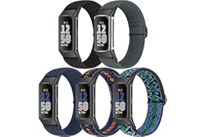 Bcuckood 5 Pack Elastic Nylon Watch Bands Compatible for Fitbit Charge 6/Fitbit Charge 5, Adjustable Breathable Replacement Stretchy Nylon Loop Wristband Sport Strap for Women Men