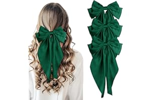 TULOBI Large Silky Satin Bows 3Pcs Green Hair Ribbons for Women - Cute Coquette Bow Clips with Long Tails and Ponytail Barrettes