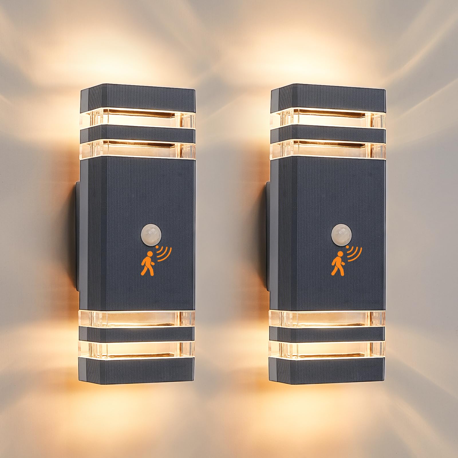 CELAVY Up Down Outside Lights with Motion Sensor, PIR Outdoor Wall Light Mains Powered, IP65 Front Door Porch Light Electric, Security LED External Exterior Lighting Wall Mounted 2 Pack, Dark Grey