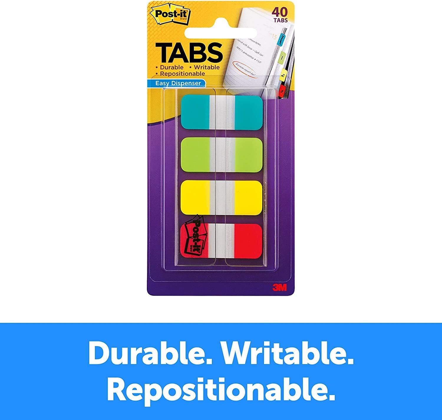 Post-it Tabs.625 in. Solid, Aqua, Lime, Yellow, Red, Durable, Writable, Repositionable, Sticks Securely, Removes Cleanly, 10/Color, 40/Dispenser, (676-ALYR) - Pack 5 : Office Products