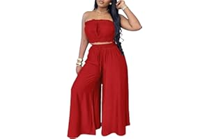 YUEWOO Two Piece Sets for Women Summer Outfits Crop Tops and Wide Leg Pants Sets Sexy Jumpsuits Vacation Outfits with Pockets