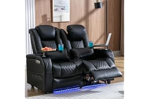 AKEYSOUS 𝐀𝐤𝐞𝐲𝐬𝐨𝐮𝐬 Sofa Recliner Home Theater Seating LoveSeat , Game Movie RV Theater Chairs Recliner Sofa with 7 Colors Ambient Lighting, Lumbar Pillow, Side Pocket, Tray Table, Power Recline, Black