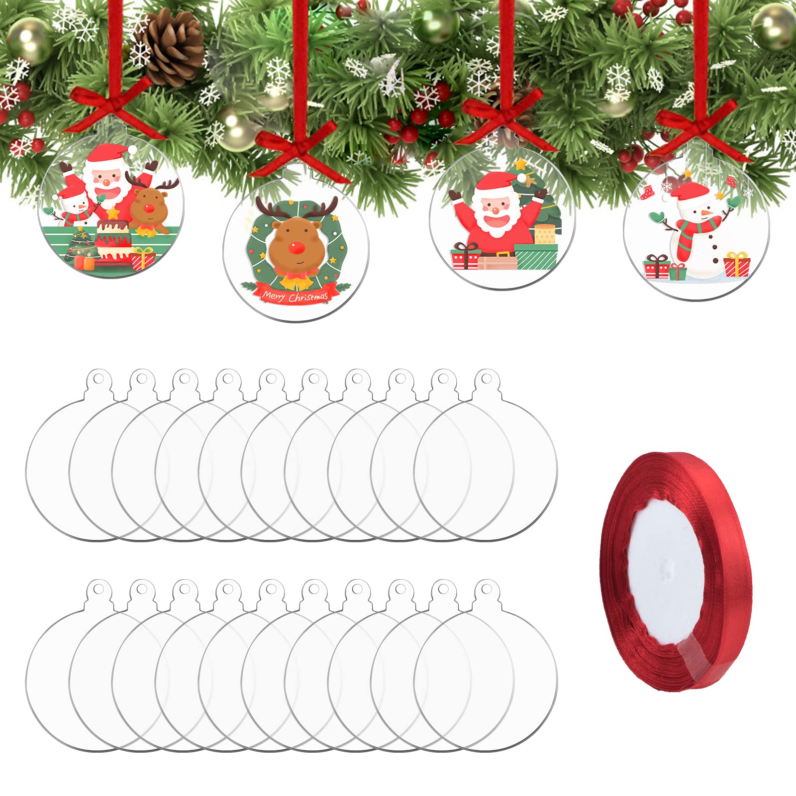 WANDIC 20 PCS Christmas Acrylic Ornaments, Clear Round Acrylic Ornaments with Red Ribbon Blank Circle Christmas Discs for DIY Craft Christmas Tree Decor(Round)
