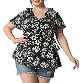 Agnes Orinda Plus Size Tops for Women Wrap V Neck Tie Waist Ruffle Sleeve Blouse Summer Floral Tops