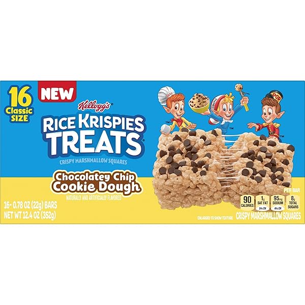 RICE KRISPIES TREATS MARSHMALLOW SNACK BARS, LUNCH SNACKS, CHOCOLATEY CHIP COOKIE DOUGH, 12.4OZ BOX (16 COUNT)