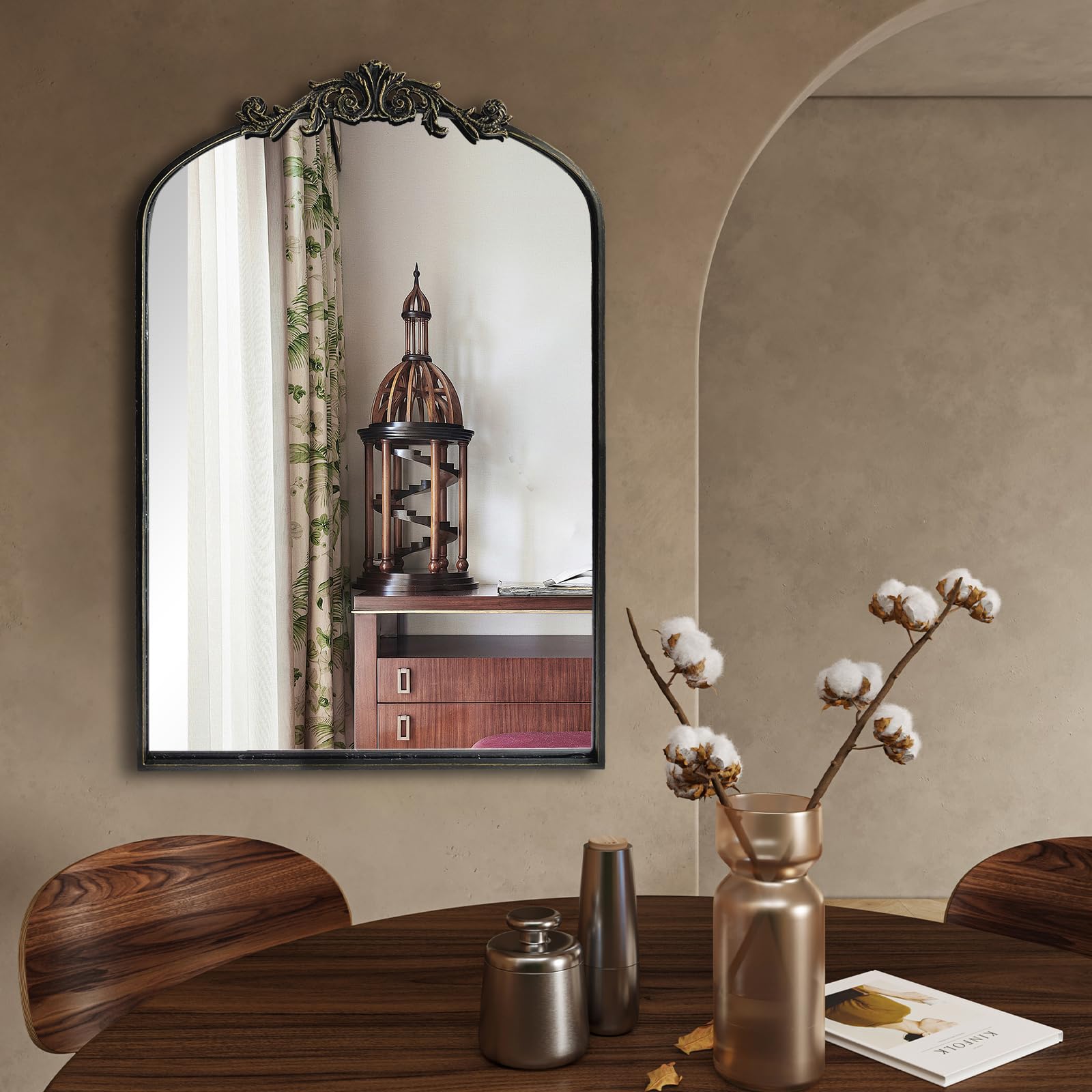 HQiJun Wall Mirror Window Decorative Traditional Mirrors Antique Arched Farmhouse for Living Room Bedroom Entryway Bathroom Vanity (36 * 24 * 1.2, Black)