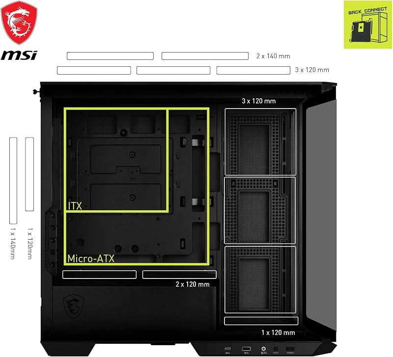 MAG PANO M100L PZ Case Micro‑ATX – Supporto Micro‑ATX, Stand per GPU, Indicatore di Livello, Filtri Antipolvere, 33 mm di Spazio per il Cable Routing, USB Type-C (20 Gbps) (Senza ventole)