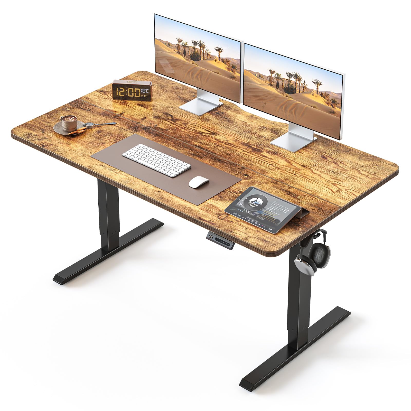 BANTI 55 × 28 Inches Standing Desk, Ergonomic, Electric Height Adjustable, Sit and Stand Up, Computer Desk with a Deeper Desktop, Black Frame/Rustic Brown Top Image
