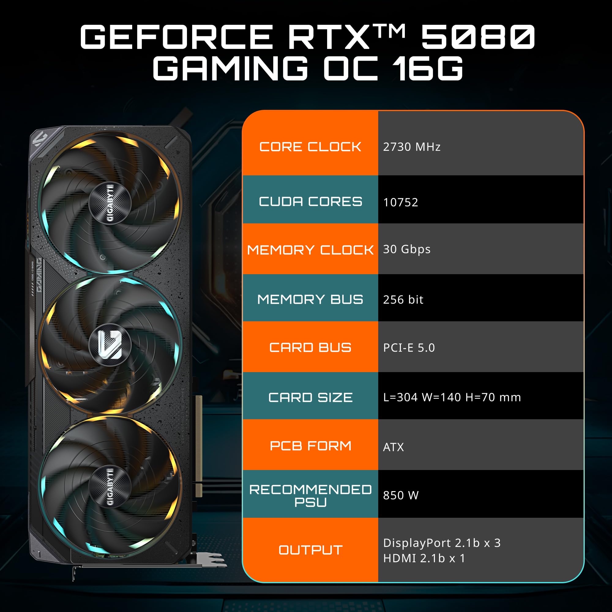 GIGABYTE GeForce RTX 5080 Gaming OC 16G Graphics Card, WINDFORCE Cooling System, 16GB 256-bit GDDR7, GV-N5080GAMING OC-16GD Video Card