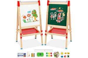 ARKYOMI Kids Art Easel with Paper Roll Art Standing Easel Double-Sided Whiteboard & Chalkboard & Roll Paper Drawing Board Standing Easel with Accessories for Kids and Toddlers