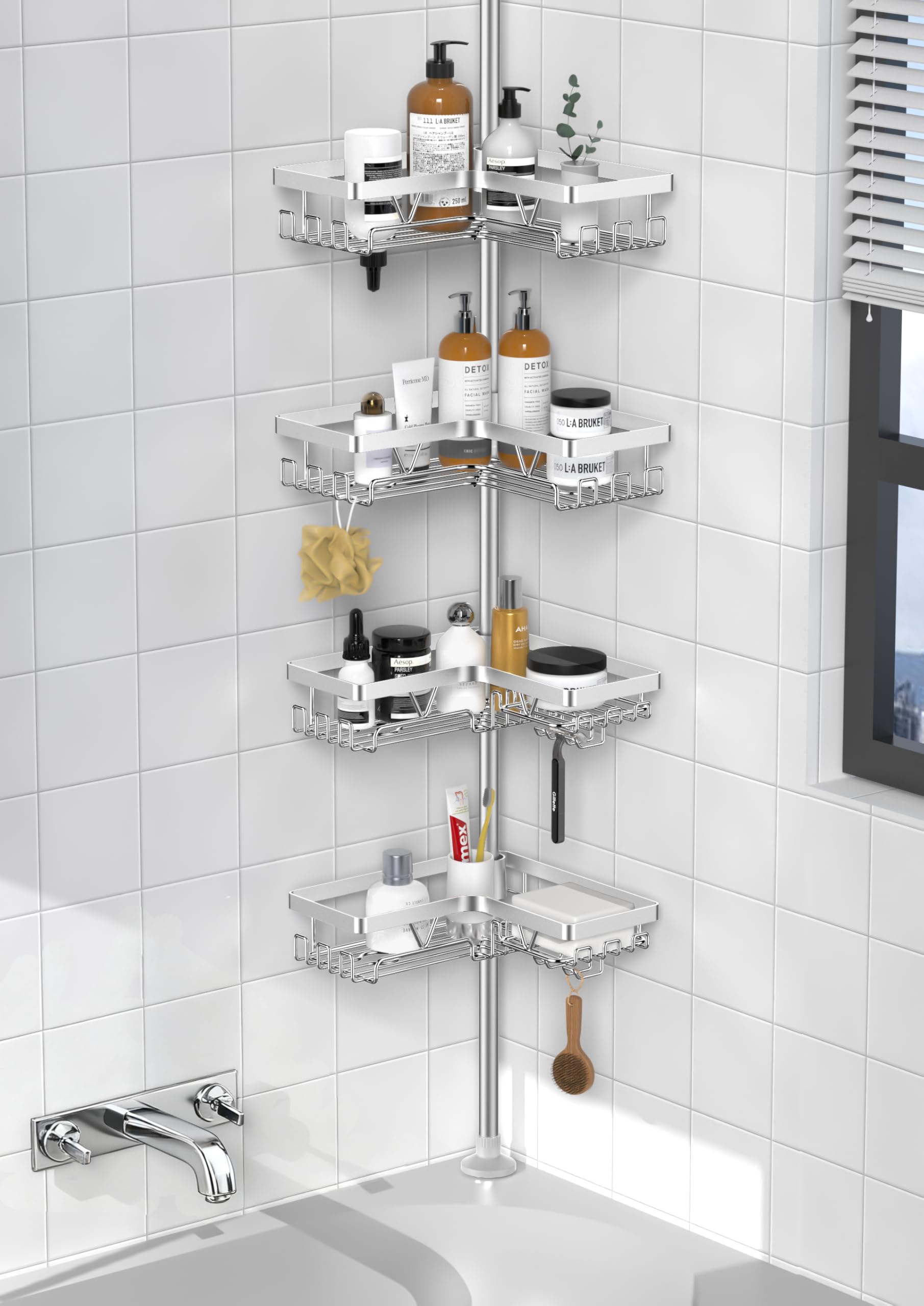Photo 1 of Daoun 4-Tier Shower Caddy/Shower Organizer - Corner Standing Tension Pole Adjustable 25-114.2 inches Built in 2 Soap Holder Rustproof Silver Finish