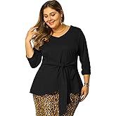 Agnes Orinda Women's Plus Size Blouses Long Sleeve V Neck Knit Belted Knot Tie Work Top Blouse 2024