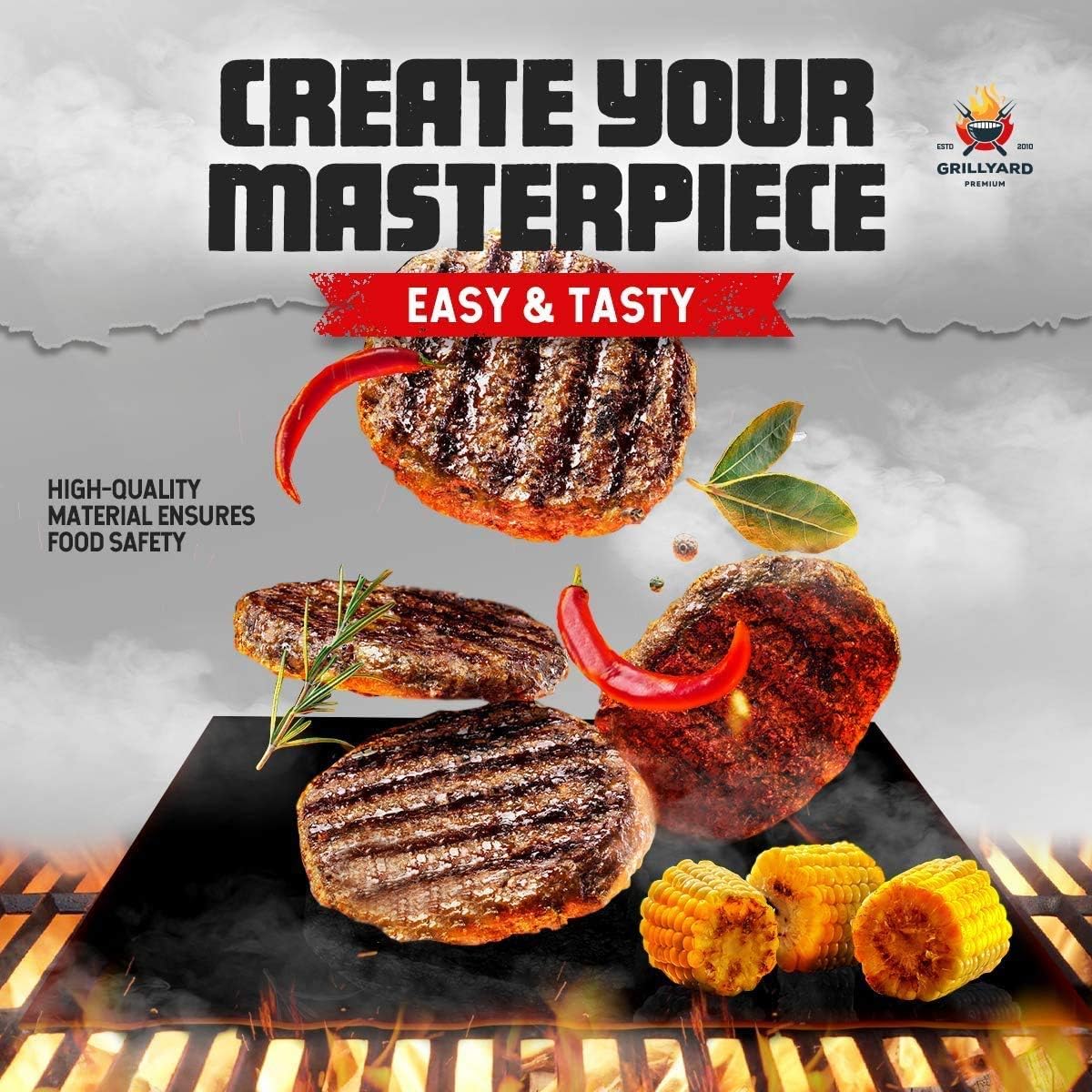 GRILLYARD Grill Mat Set of 6 – Non-Stick, Reusable BBQ Grill Mats for Gas, Charcoal, Electric Grill – Temperature Resistant – Heavy Duty Design – Easy to Clean (Black): Garden & Outdoor