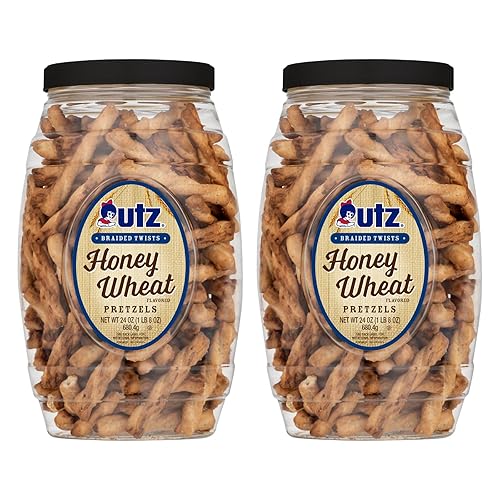 Utz Braided Honey Wheat Pretzel Twists – 24 oz Barrel (2 Count) – Sweet Honey Taste, Thick, Crunchy Pretzel Twists, Perfect for Dipping and Snacks, Zero Cholesterol Snack Food, Brown