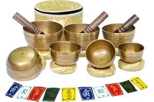 KHUSI Tibetan Singing Bowl Set of 7 Himalayan Bowl Vajra Engraved Chakra bowl Authentic 7 metals Handmade in Nepal for Yoga, Chakra healing, Deep Relaxation Mindfulness