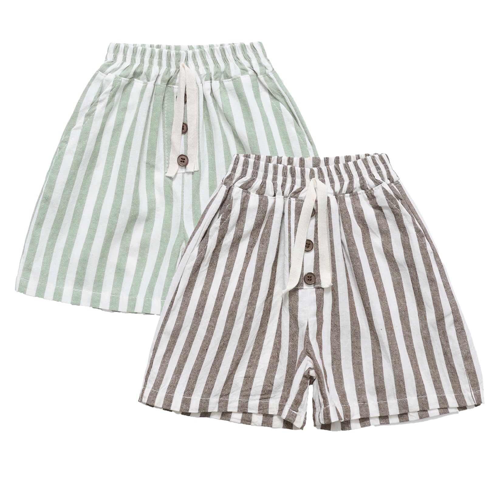 Photo 1 of Ashmyova Classic Shorts for Boys Thin Cotton Stripe Elastics Waist Casual Summer Toddler Shorts Lightweight 2Pcs Coffee/Green Size 5-6T
