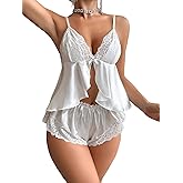 OYOANGLE Women's 2 Piece Pajama Set Contrast Lace Bow Front Ruffle Hem Cami Crop Top and Shorts Set