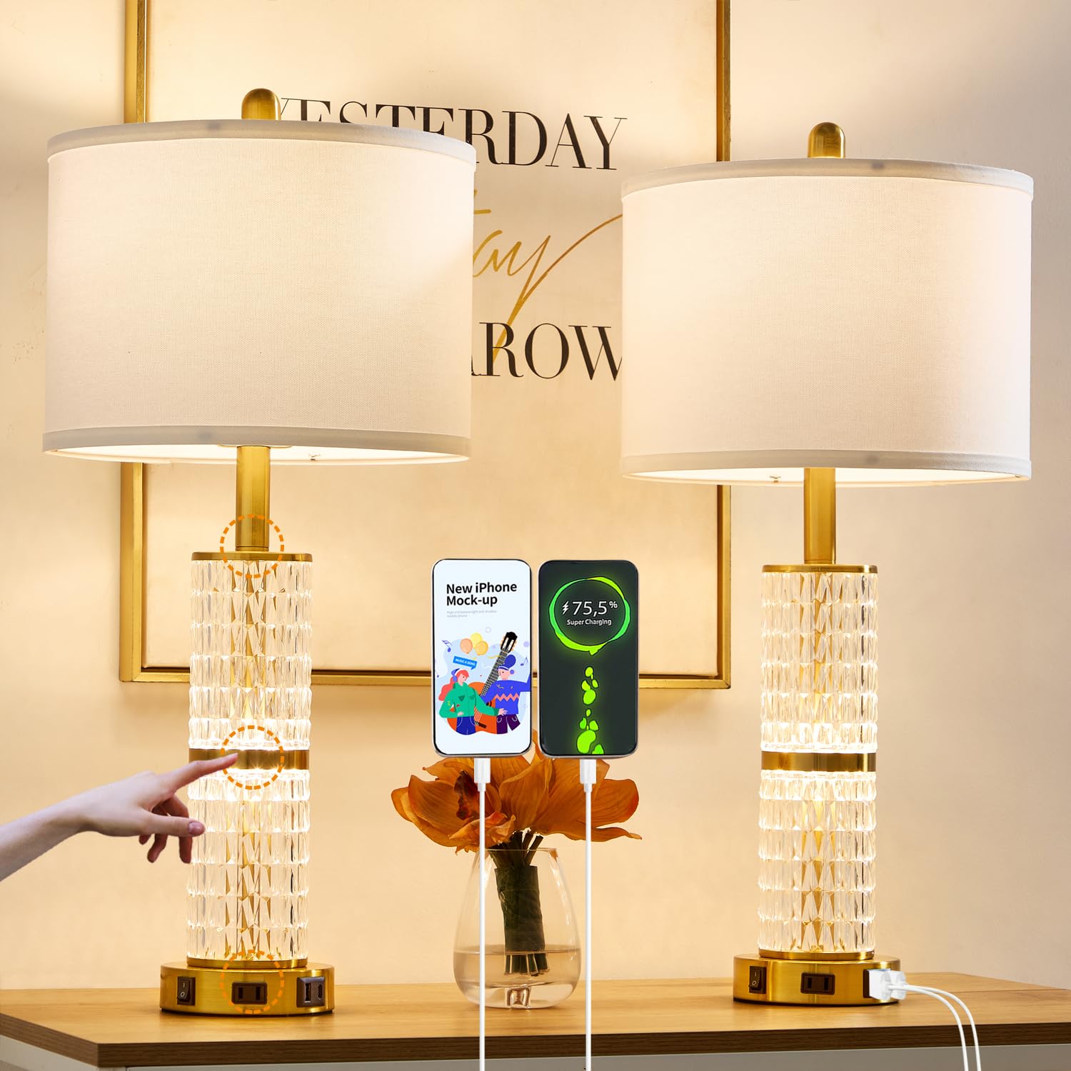 Photo 1 of **FACTORY SEALED** SAIWEYA Crystal Table Lamps Modern 3-Way Dimmable Bedside Lamp with 2 USB Ports & AC Outlets for Living Room Bedroom Nightstand Lamp Night Light