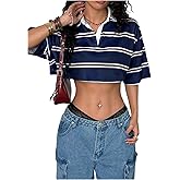 Milumia Women's Striped Collared Crop Top Shirt Half Sleeve Cropped Rugby Shirt Y2k Going Out