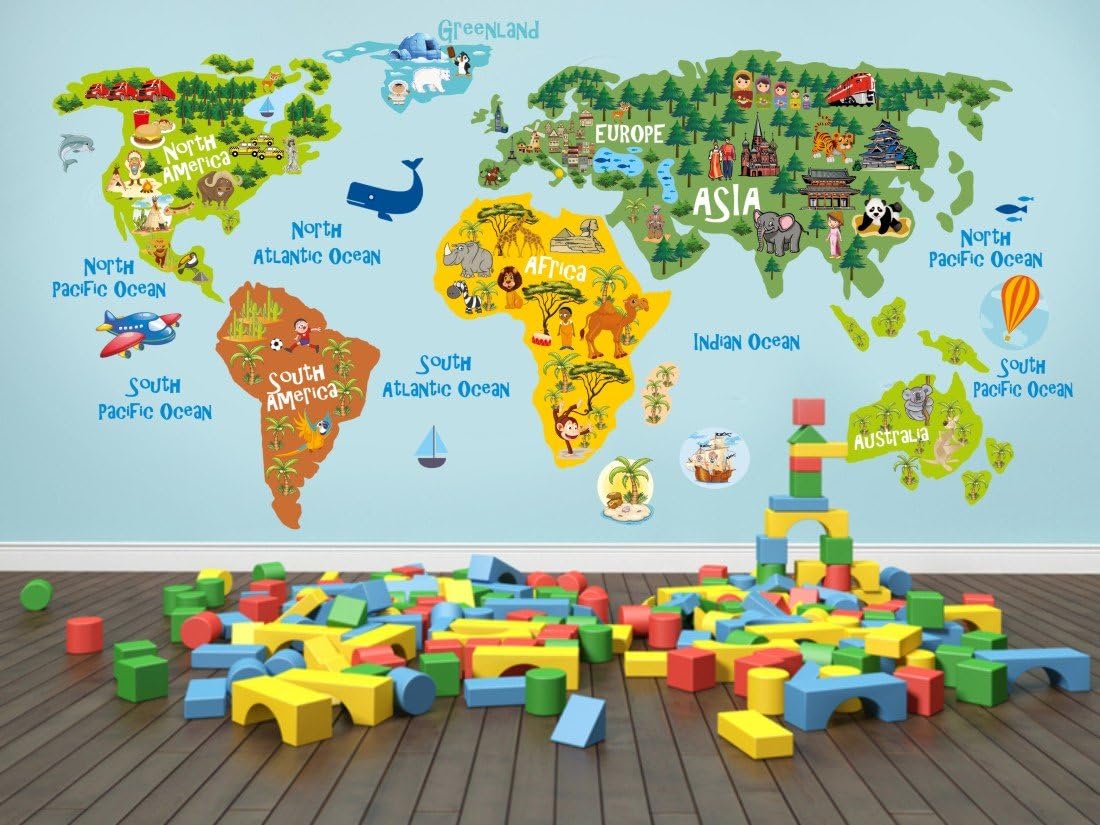lepni.me World Map Kid’s Room Décor Peel and Stick Vinyl Sticker with Continents Oceans and Animals, Medium - Image 3