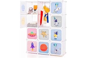 INFANS Children Wardrobe, Kid Closet Portable Baby Dresser Cute for Kids Bedroom Nursery Armoire with Doors 12 Cube 2 Hanging Sections, Kid Clothes Storage Organizer (White, 12 Cubes)