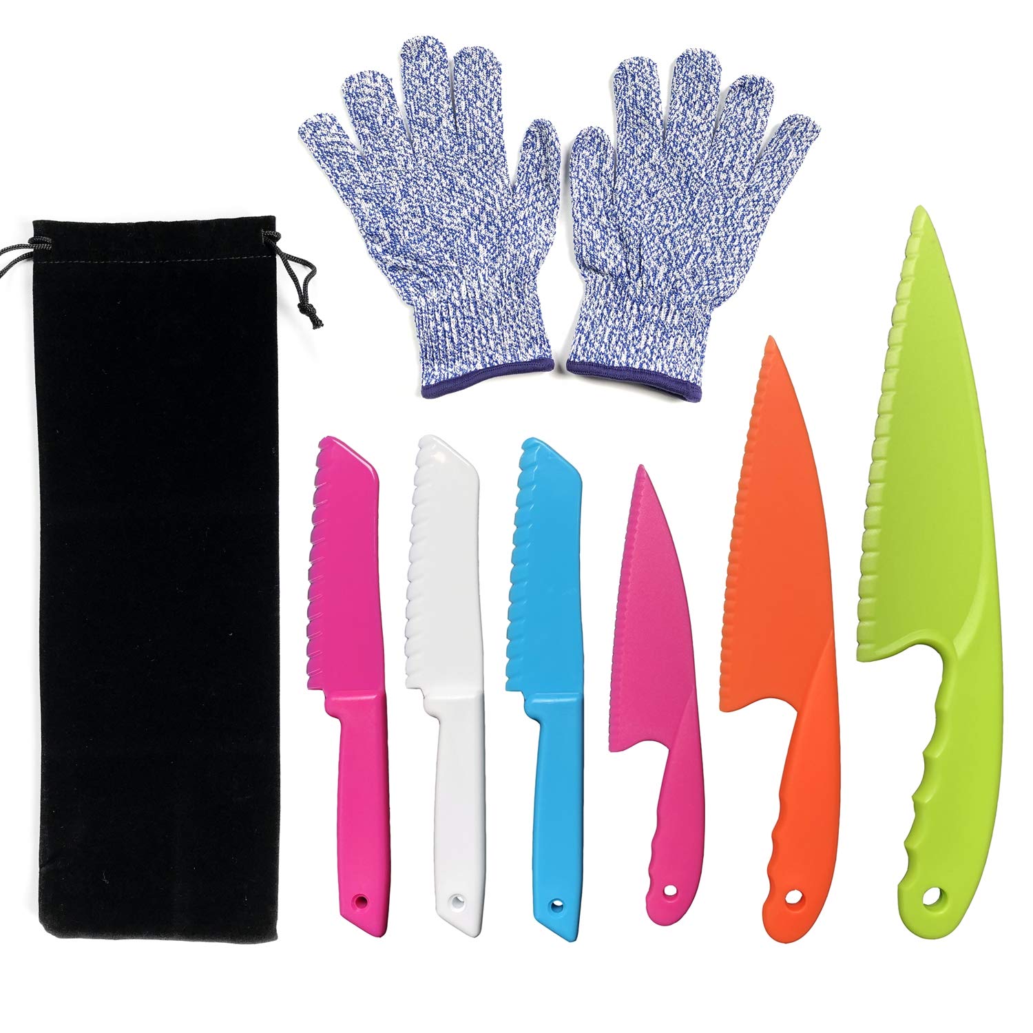 LLGLEU Kid Kitchen Knife Set Children's Safe Cooking Knives Set with Cut Resistant Gloves (Ages 6-12) Kids Safe Knife for Fruit, Bread, Cake, Lettuce, Salad (Multi-Colored 1)