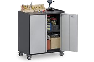 GangMei 35.4" Rolling Tool Storage Cabinet with 2 Locking Doors, Mobile Metal Garage Cabinet with Lockable Wheels, Metal Storage Cabinet for Home, Warehouse, Basement, Black/Gray