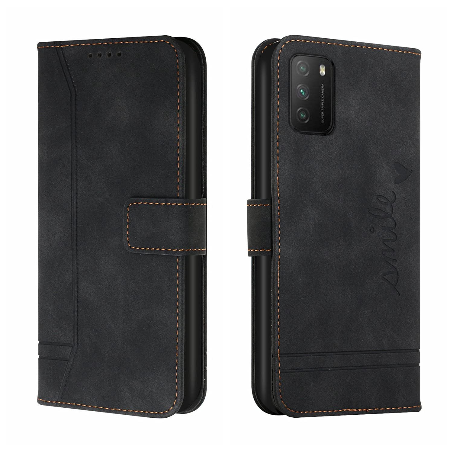 QIWEIQING Case for Xiaomi Redmi 9T, Premium PU Leather Cover TPU with Card Holder Kickstand Hidden Magnetic Adsorption Flip Wallet Case Cover for Xiaomi Poco M3 / Redmi 9T.Black HX
