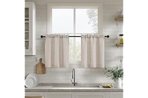 DUKIYO Semi Sheer Kitchen 24 Inch Curtains for Windows Flax Linen Elegant Boho Farmhouse Drapes Short 2 Panels Set Light Filtering Tan Beige Cafe Curtains for Bathroom Laundry RV Rod Pocket W25xL24