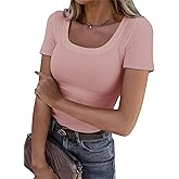 Roselux Women's Summer Scoop Neck Short Sleeve T-Shirts Ribbed Knit Slim Fitted Casual Basic Top
