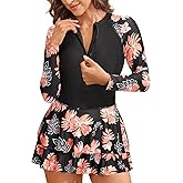 Daci Women Long Sleeve One Piece Rash Guard Modest Swimsuits Dress Zipper Bathing Suit Skirt with Short UPF 50+