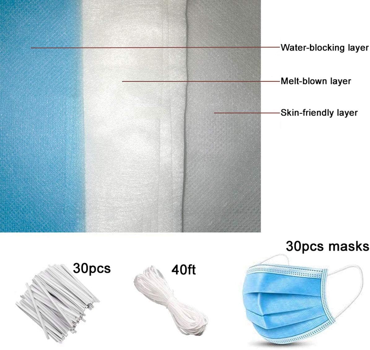 Electrostatic melt-Blown Fabric, 3 Layers of Fabric can be DIY Finished Product 30pcs, with Nose Bridge Strip and Ear Band, Polypropylene Non-Woven Fabric 95% Filter fine Particles