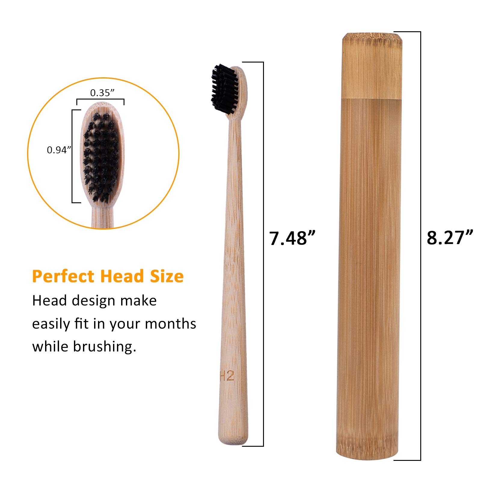 Bonviee Natrual Bamboo Toothbrush with Travel Holder Bamboo Charcoal Toothbrush Set Biodegradable Eco-Friendly with 2 Soft + 2 Hard Medium Charcoal Bristles Wooden Toothbrush for Adult Sensitive Gums