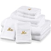 Peryiter 6 Pcs Mr and Mrs Themed Towel Set Honeymoon Gifts for Couples Bride Groom 100% Cotton Travel Bathroom Towel for Valentines Wedding Gift Bridal Shower(White)