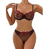 Lilosy Sexy Floral Embroidered Flower Mesh Underwire Push Up Lingerie Set