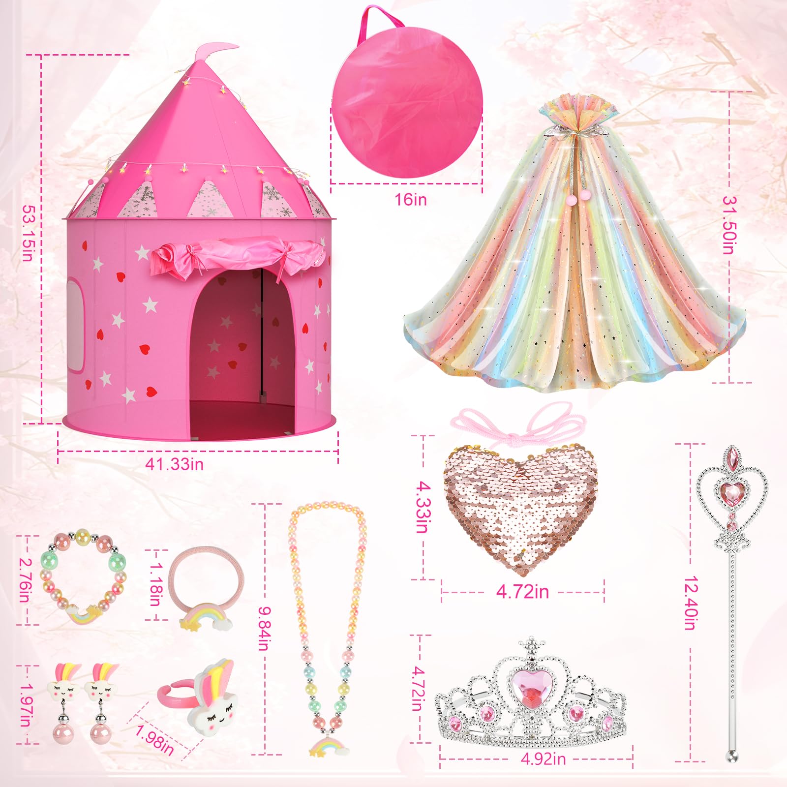 URCUZER Princess Tent with 13PCS Dress Up for Girls, Castle Playhouse with Star Lights for Kids Indoor and Outdoor Games (Rainbow)