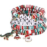 Mikovivi 6pcs Christmas Bracelets for Women, Colorful Stackable Joy & Merry Christmas Beaded Bracelets for Holiday Boho Jewelry Accessories