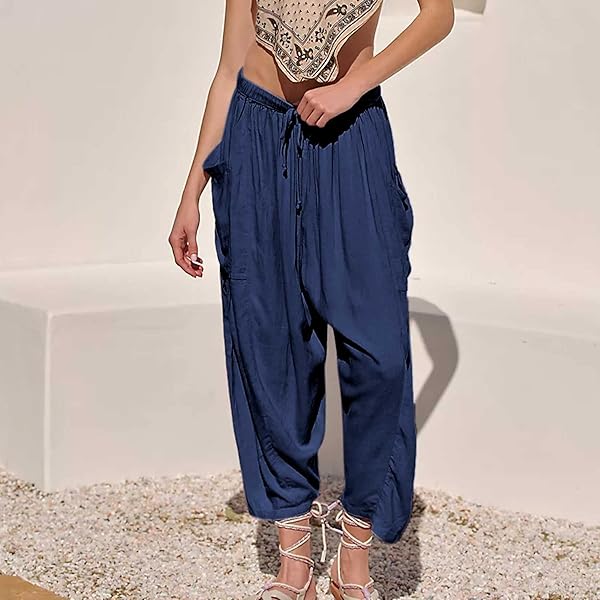 MALINFANDOR WOMEN’S OVERSIZED LOOSE PANTS COTTON LINEN WIDE LEG ELASTIC WAIST RELAX FIT BLOOMERS TROUSERS WITH POCKETS(DARK BLUE,M)
