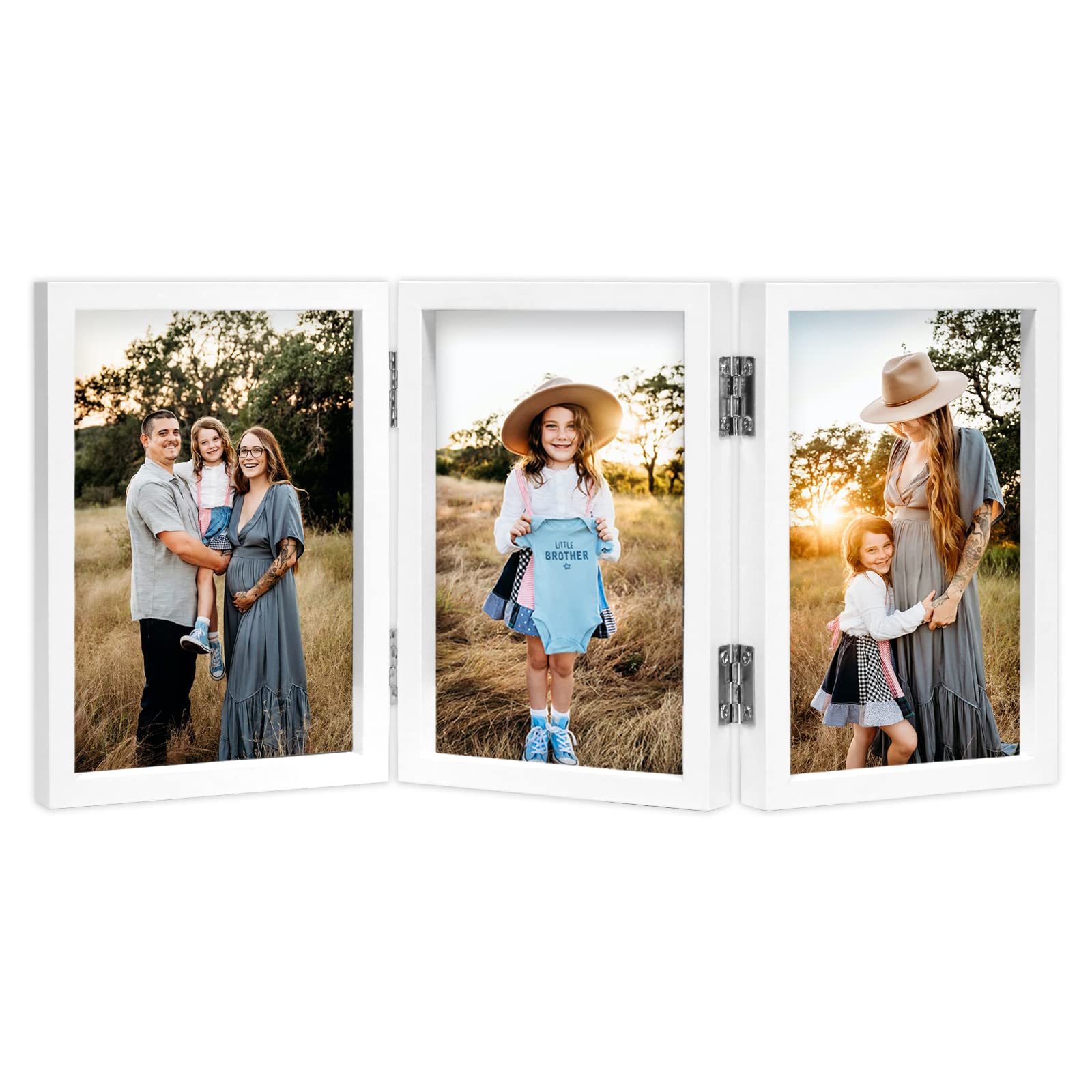 Triple 4x6 Photo Frame Hinged Folding Wood Picture Frame with Glass Front Stand Vertical on Desktop White — image 1