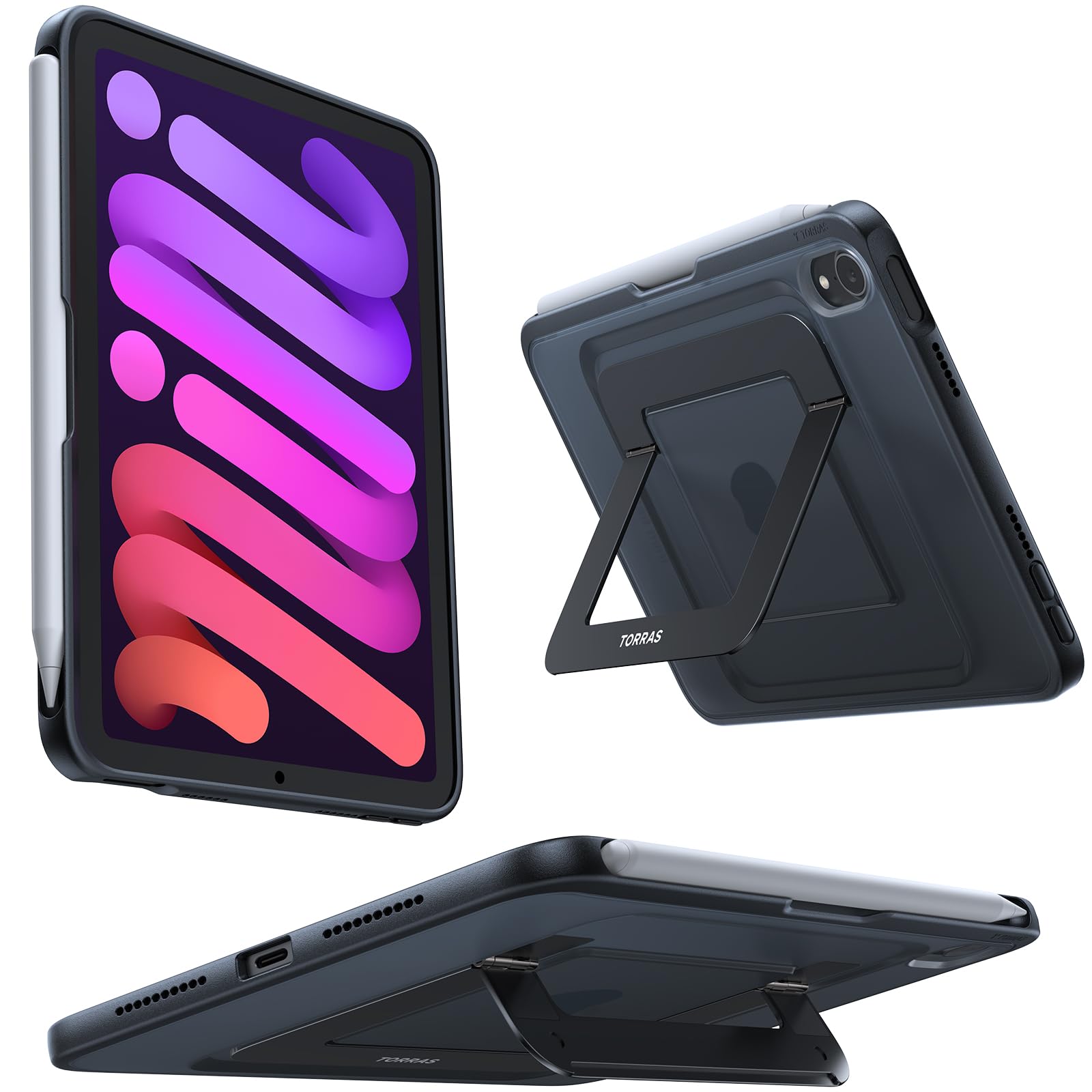 Photo 1 of TORRAS for iPad Mini 7 A17 Pro Case, iPad Mini 6 Case with Pencil Holder, Ultra Stable Stand, Multiple Adjustable Viewing Angles, Slim Protective Kickstand Cover, Translucent iPad Mini 6th Case, Black