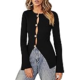 YUNLORIA Womens 2026 Spring Slim Fitted Sweater Golden Button Split Tops Trendy Long Sleeve Open Front Knit Cardigan