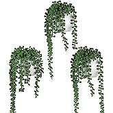 MyGift Artificial Faux String of Pearls Plants in White Ceramic Wall Hanging Planter Pot with Jute Rope, Set of 3